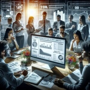تیم طراحی UX و UI که به‌طور مشترک در حال بهینه‌سازی طراحی سایت برای تقویت بازاریابی محتوا هستند.